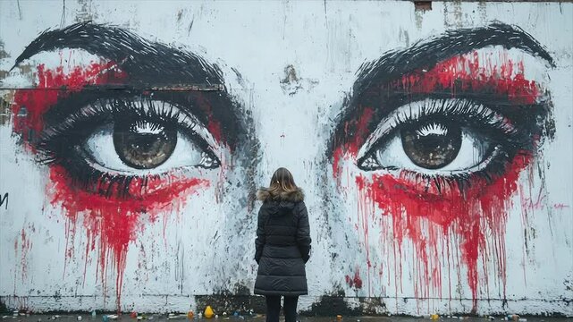 A woman stands before a large mural depicting a pair of expressive eyes with red streaks, creating a powerful visual impact