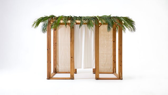 A simple sukkah with wooden frame and white curtains topped with green palm fronds on white background