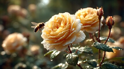 Honeybee approaching yellow rose with water droplets insect flying