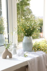 Beautiful chamomile flowers and candle on window sill indoors
