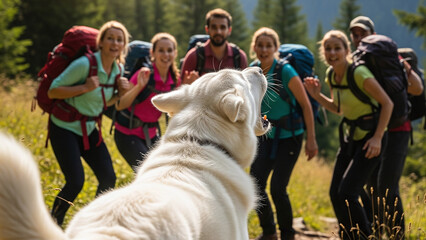 Patou agressif aboyant sur un groupe de randonneurs en montagne