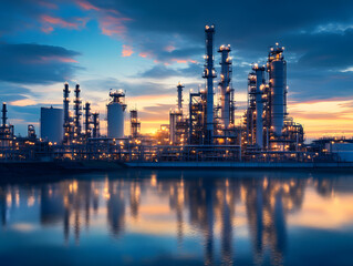 Fototapeta premium Petrochemical Refinery at Dusk with Twilight Sky and Light Trails – Industrial Energy Plant Glowing Under Soft Blue Hour Light