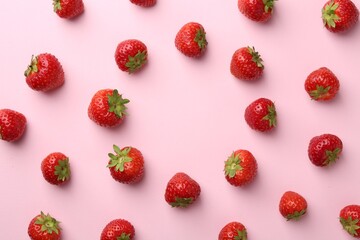 Frame of fresh ripe strawberries on light pink background, flat lay. Space for text