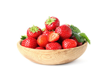 Fresh whole, cut strawberries and leaves in bowl isolated on white