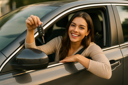 Young woman happily holding car keys while leaning out of window