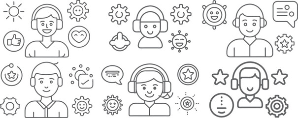 Friendly service agents with icons in a clean line art style