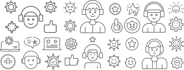 Collection of line art icons representing customer service feedback and positive experiences with smiling faces and gears