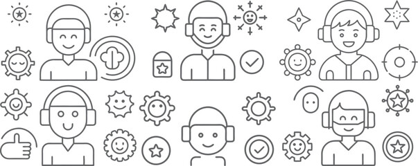 Friendly online support team icons in a clean line art style