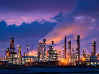 Obraz premium Petrochemical Refinery at Dusk with Twilight Sky and Light Trails – Industrial Energy Plant Glowing Under Soft Blue Hour Light