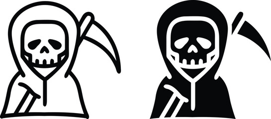 Grim Reaper Icon Set, Black and White Skeleton Death Scythe Symbols