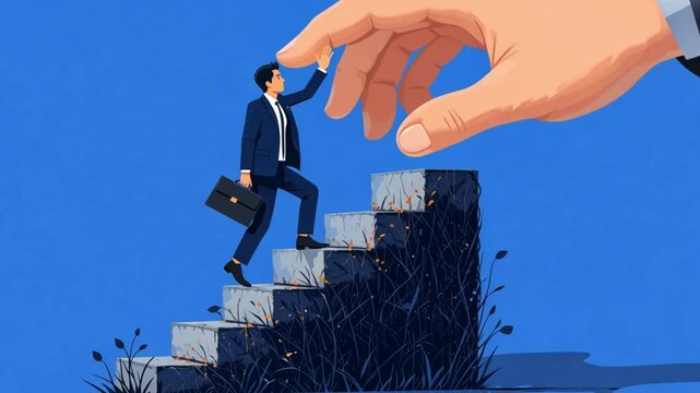 Man in suit climbing stairs with briefcase assisted by giant hand on a blue background art