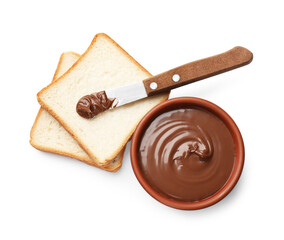 Tasty chocolate butter in bowl, slices of bread and knife isolated on white, top view