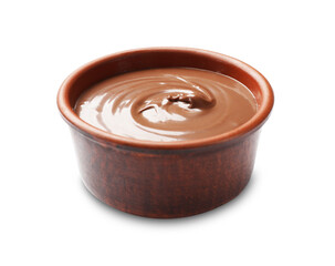 Tasty chocolate butter in bowl isolated on white