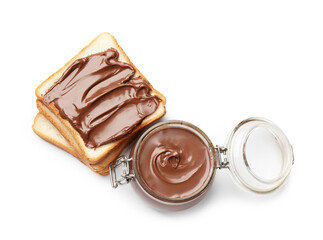 Tasty chocolate butter in glass jar and slices of bread isolated on white, top view