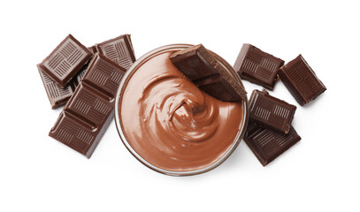 Tasty chocolate butter and pieces isolated on white, top view