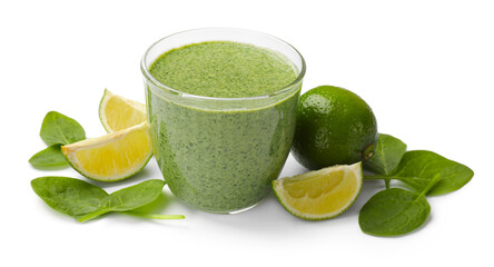 Tasty spinach smoothie and ingredients isolated on white