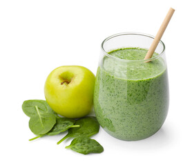 Tasty spinach smoothie and ingredients isolated on white