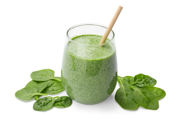 Tasty smoothie and spinach leaves isolated on white