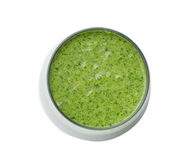 Glass of healthy spinach smoothie isolated on white, top view