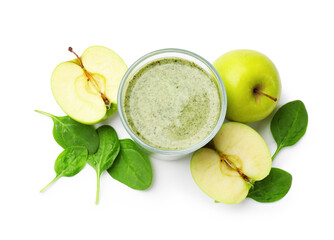 Tasty spinach smoothie and ingredients isolated on white, top view