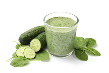 Tasty spinach smoothie and ingredients isolated on white