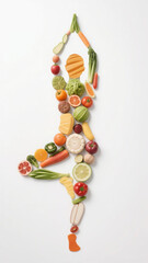 many diet foods form the silhouette of a woman doing yoga on a white background
