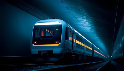 Naklejka premium Modern subway train speeding through tunnel lit with dramatic blue lights