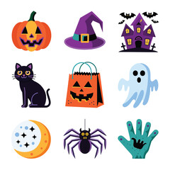 2d vector illustration Halloween t shirt icon design items ghost character Candles in carved pumpkin
