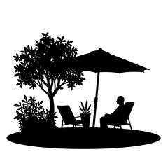 Silhouette of person lounging in garden patio, outdoor relaxation copyspace