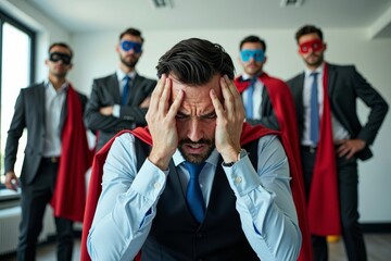Businessman Overwhelmed in Office by Colleagues in Superhero Costumes
