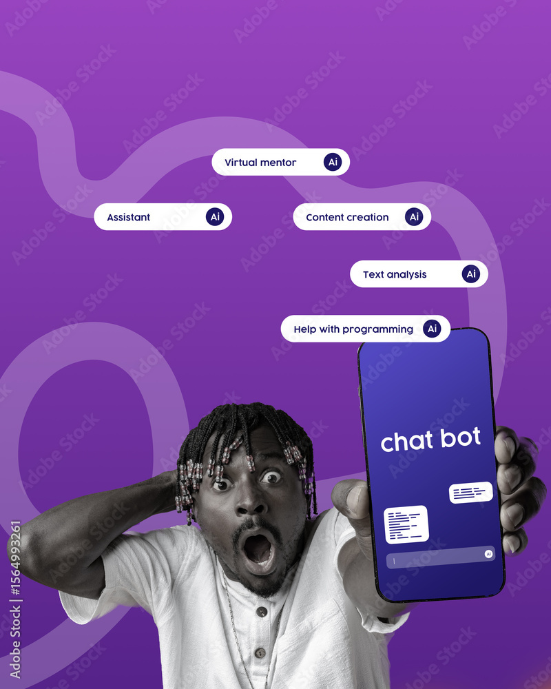 Poster surprised person showing mobile phone with chatbot interface and ai-related features in a vibrant se