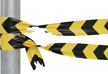 Two torn yellow and black striped warning tapes wrap around a gray pole They feature a distinct chevron pattern on a