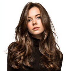 Fototapeta premium Stunning brunette woman with long, wavy hair. Perfect for beauty, fashion, and haircare. Ideal for websites, magazines, and ads.
