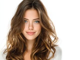 Fototapeta premium Beautiful young woman portrait. Perfect skin, long brown hair. Ideal for beauty, fashion, and cosmetic advertising.