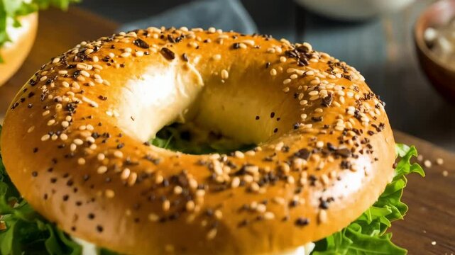 Delicious sesame seed bagel with fresh cheese and lettuce leaves on rustic wooden surface for healthy meal