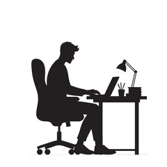  Black Silhouette Vector of Person Typing on Laptop at Desk in Remote Work or Office Productivity Scene on White Background Full Ultra HD