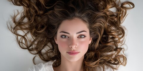 Fototapeta premium Stunning woman with long, curly brown hair. Perfect for beauty, haircare, and fashion. Ideal for websites, magazines, and advertising.