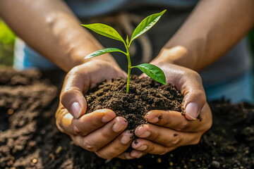 Fototapeta premium Hands Holding Soil with Young Green Seedling for Environmental Care