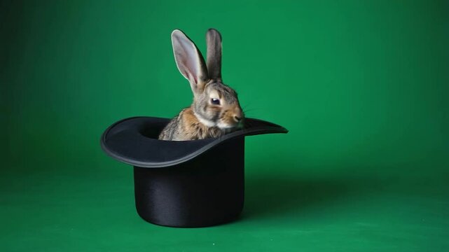Rabbit in black top hat on green background