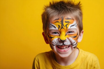 Smiling child with tiger face paint against a yellow background