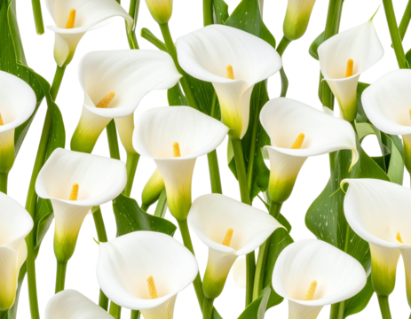 Seamless Pattern of Calla Lily Flowers with Foliage, isolated on transparent background.