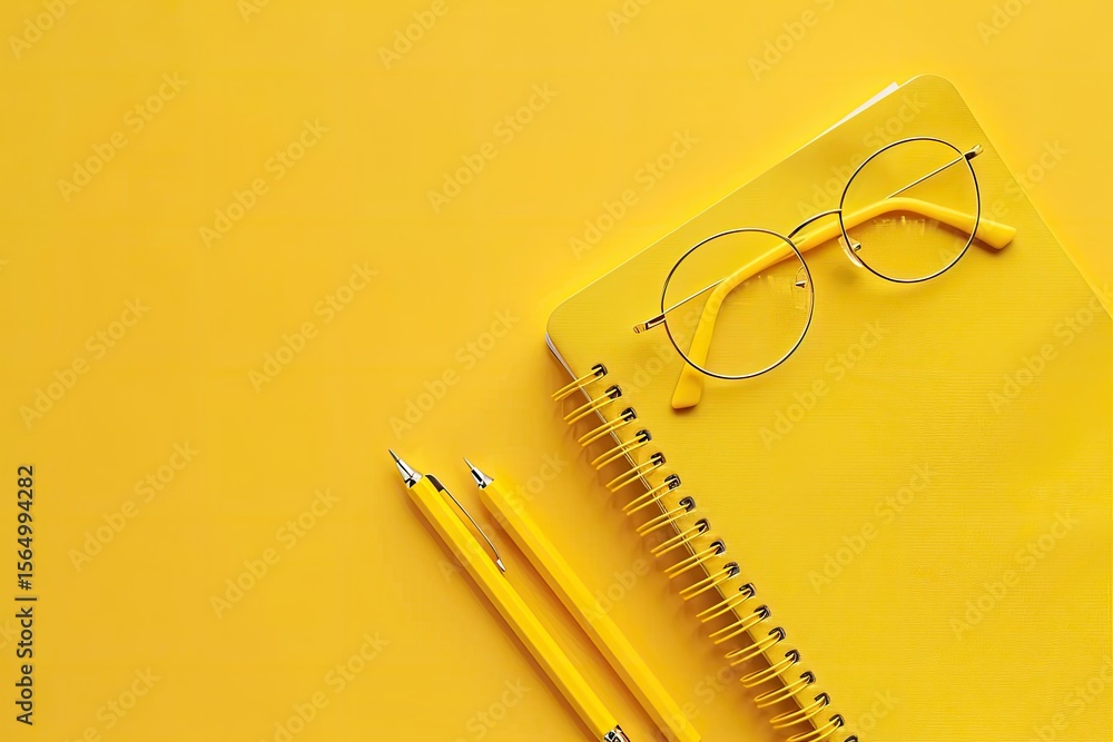 Aufkleber high definition picture of a yellow desk with a notebook glasses and a notebook on it