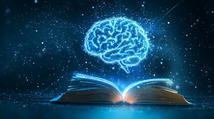 Fototapeta premium Open book and glowing human brain in futuristic style symbolizing knowledge and education on blue background