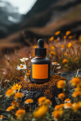 Luxurious Natural Cosmetic Bottle with Chamomile Extract in Meadow Among Chamomile Flowers and Fresh Herbs
