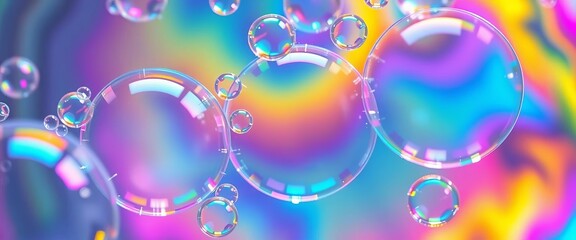 Macro shot of iridescent soap bubbles forming abstract rainbow patterns ,  reflection,  bubbles