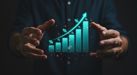 Businessman Holding a Holographic Growing Bar Graph Representing Financial Success and Growth