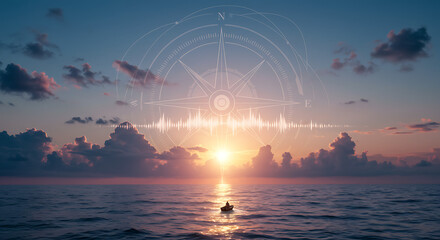 A small boat on a vast ocean at sunrise, with a compass overlay.