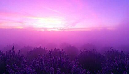 Lavender mist drifts over serene dawn landscape, purple gradient sky,  gradient,  soft light