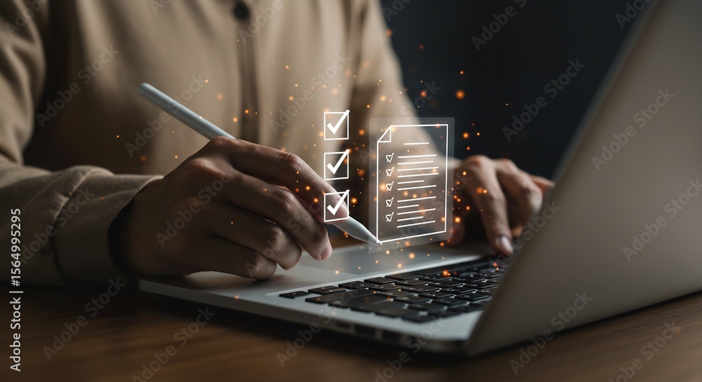 Poster person working on laptop with checklist and document digital interface overlay, online task manageme