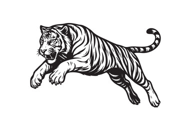 Dynamic black and white vector illustration of a powerful tiger in mid-leap, showcasing its strength and stripes